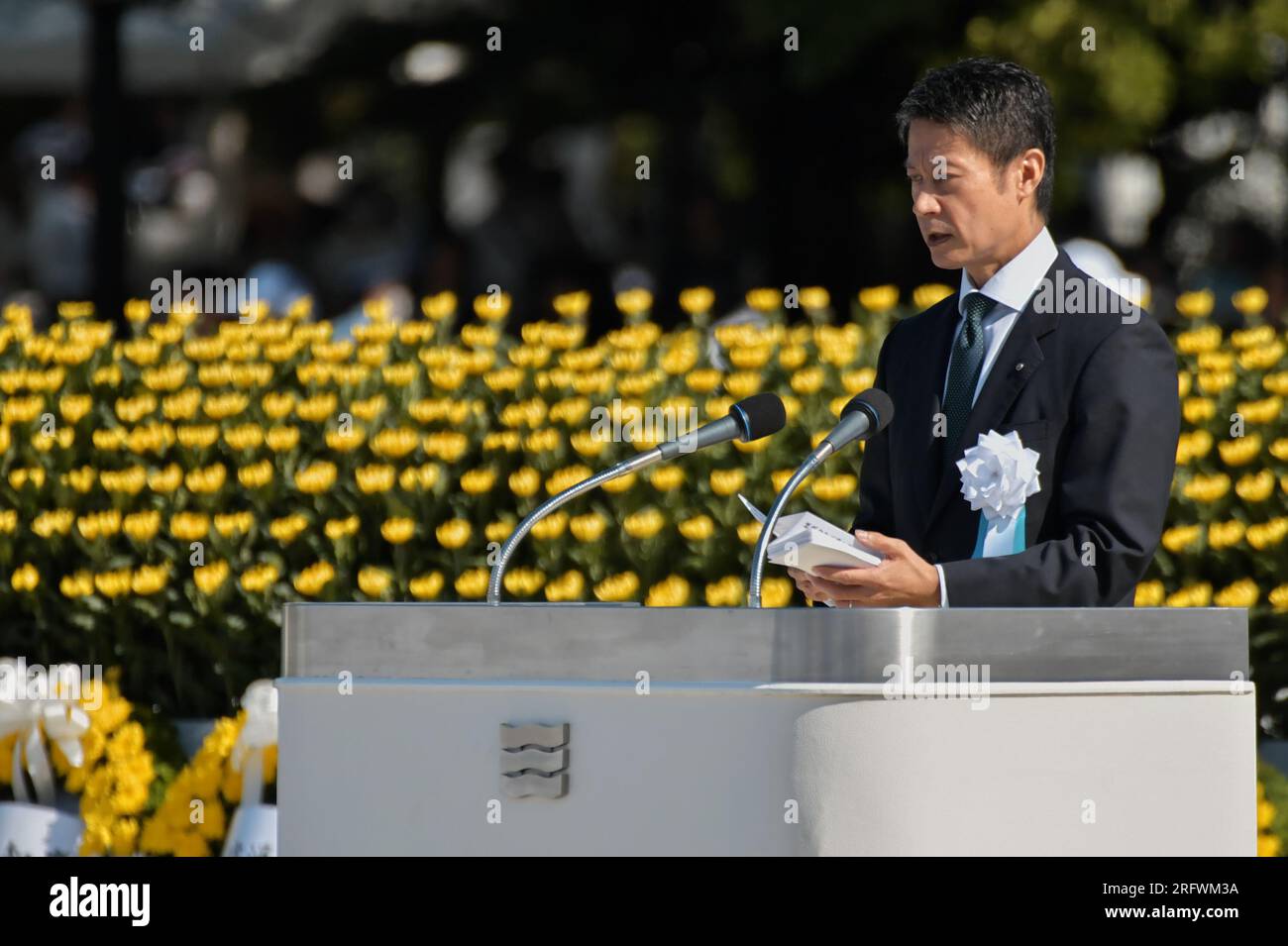 Hiroshima, Japan. 06th Aug, 2023. Hiroshima Governor Hidehiko Yuzaki, delivers a speech during a ceremony marks the 78th anniversary of the Hiroshima Atomic Bombing in Hiroshima-Prefecture, Japan on Sunday, August 6, 2023. Photo by Keizo Mori/UPI Credit: UPI/Alamy Live News Stock Photo