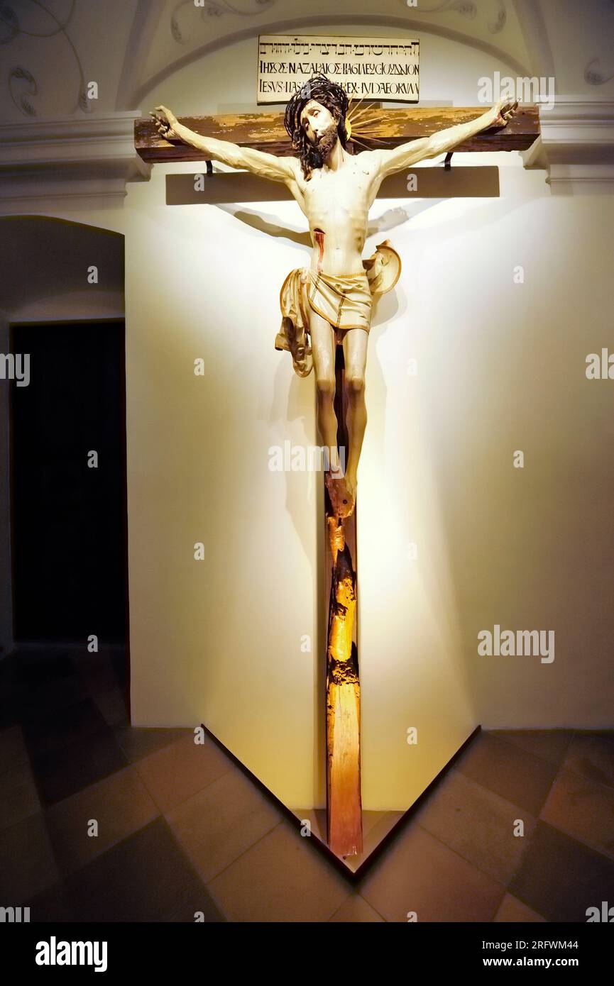 Melk, Lower Austria, Austria. July 19, 2014. Jesus of Nazareth on the Cross in Melk Abbey with Hebrew, Greek and Latin inscriptions Stock Photo