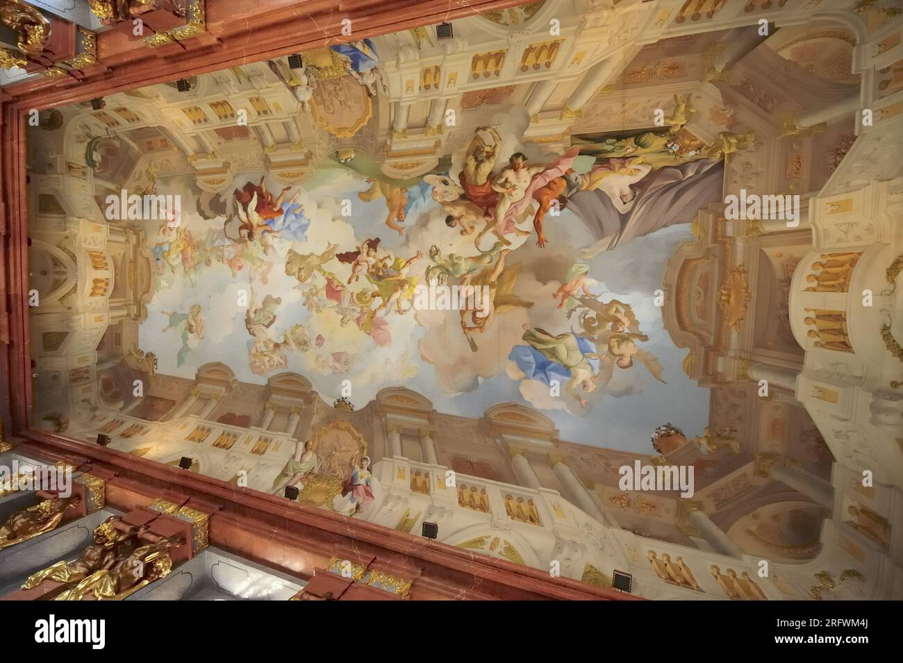 Melk, Lower Austria, Austria. July 19, 2014. Ceiling fresco by Paul Troger (1731) in the Marble Hall in Melk Abbey Stock Photo