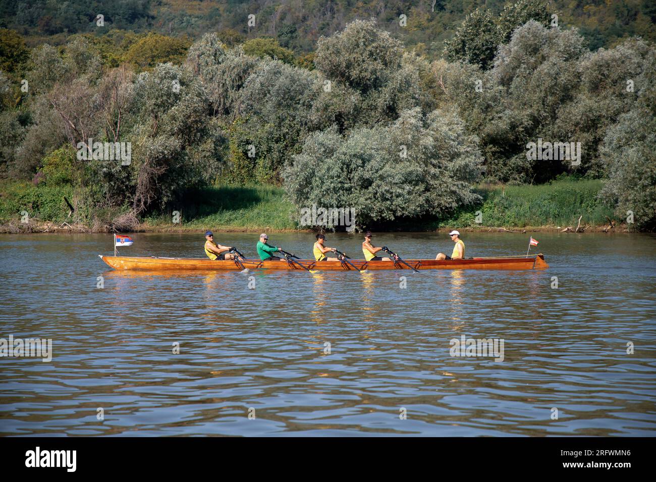 Serbia, Aug 04, 2023: The participants of the TOUR INTERNATIONAL DANUBIEN (TID) regatta (source of the Danube-Black Sea) passing a stage Veliko Selo Stock Photo