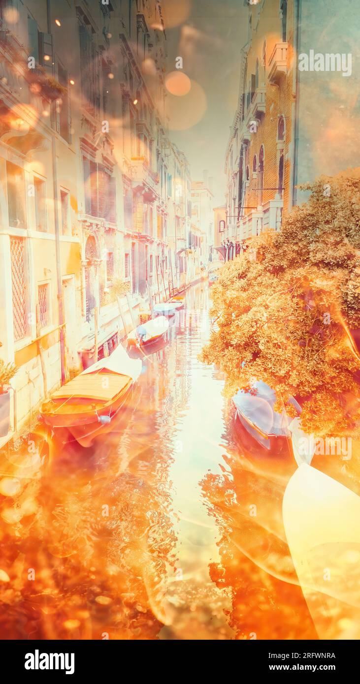 Romantic scenic view of Venice with warm firelight effect