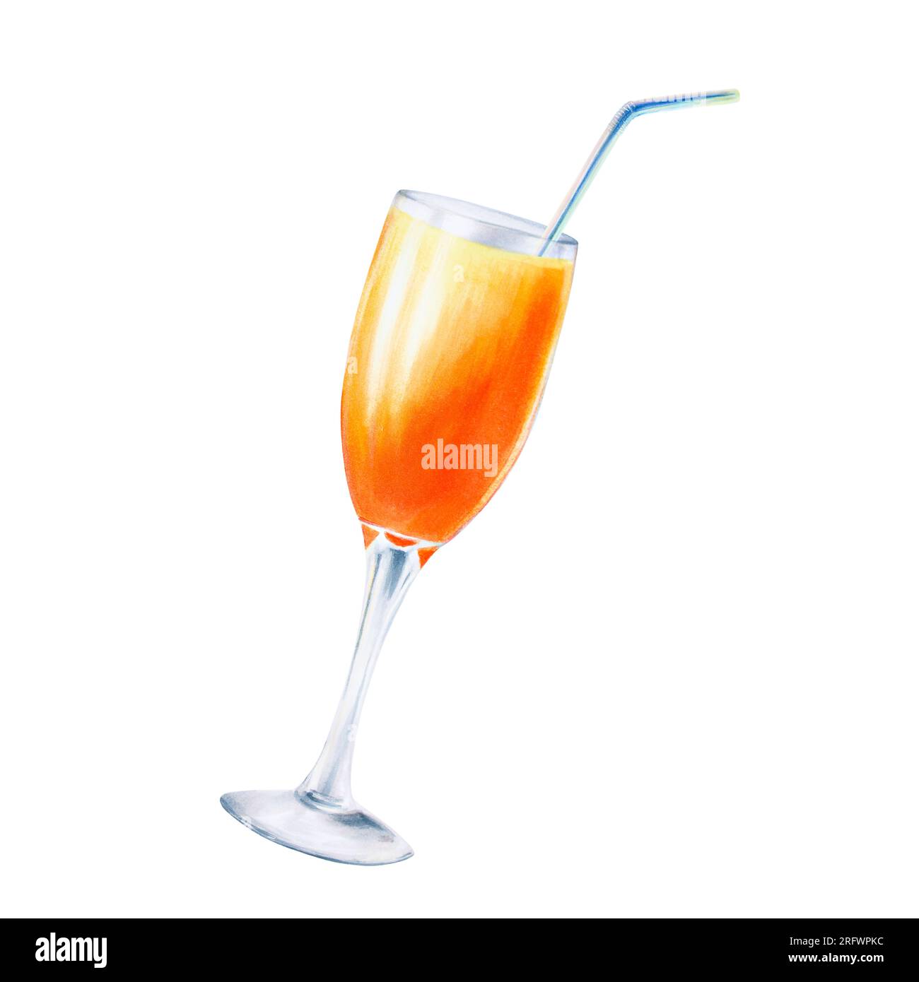 Watercolor illustration of glass goblet with orange cocktail with blue