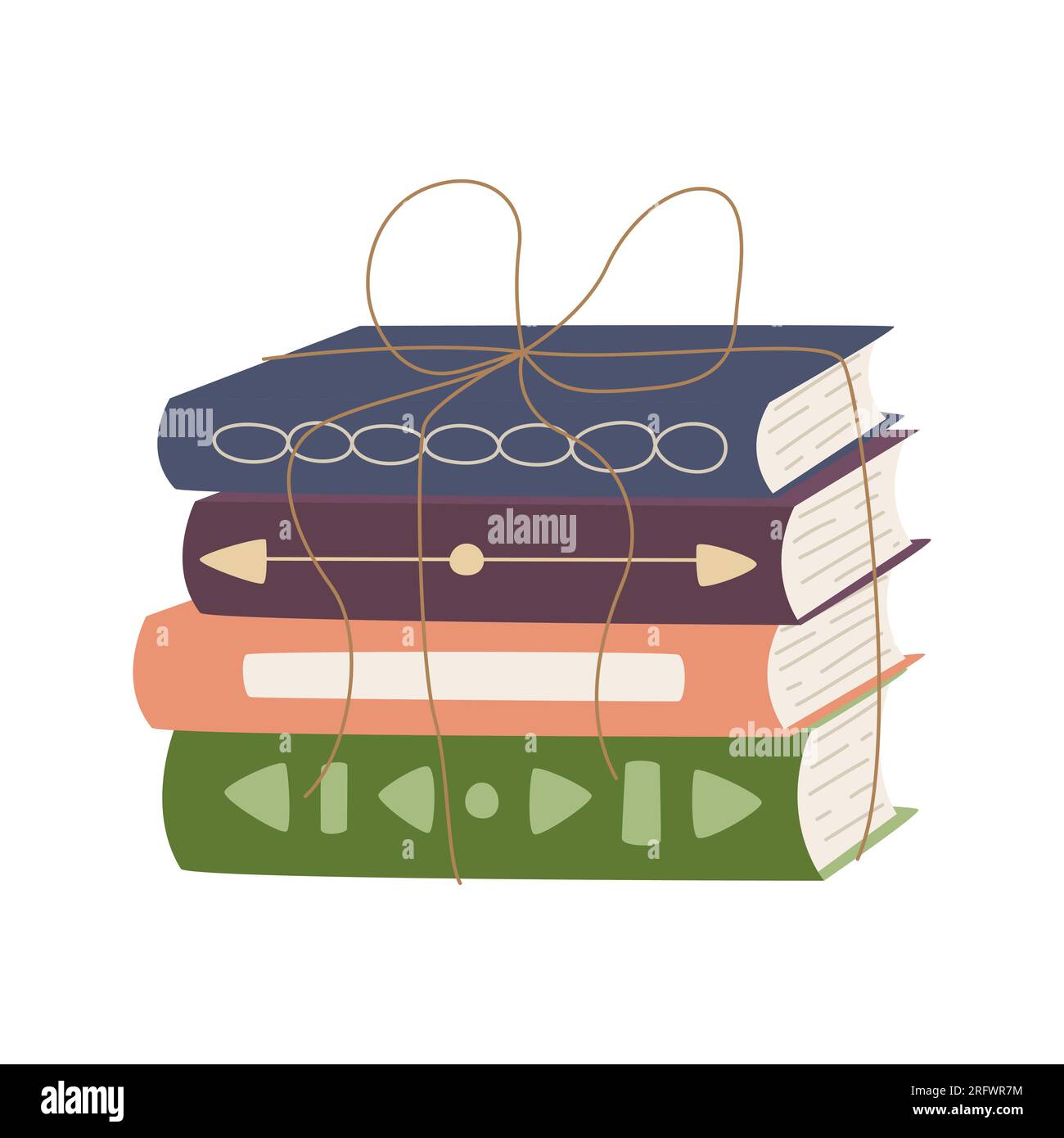 A stack of hardcover books. A pile of textbooks tied with a rope. Various books for lovers of