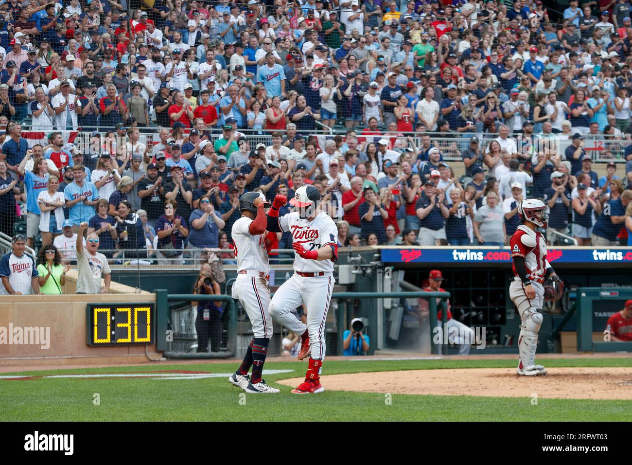 Minneapolis, USA. 05th Aug, 2023. Minnesota Twins catcher Ryan Jeffers (27)  reacts during a MLB regular season game between the Arizona Diamondbacks  and Minnesota Twins, Saturday, August 5, 2023 in Minneapolis, MN. (