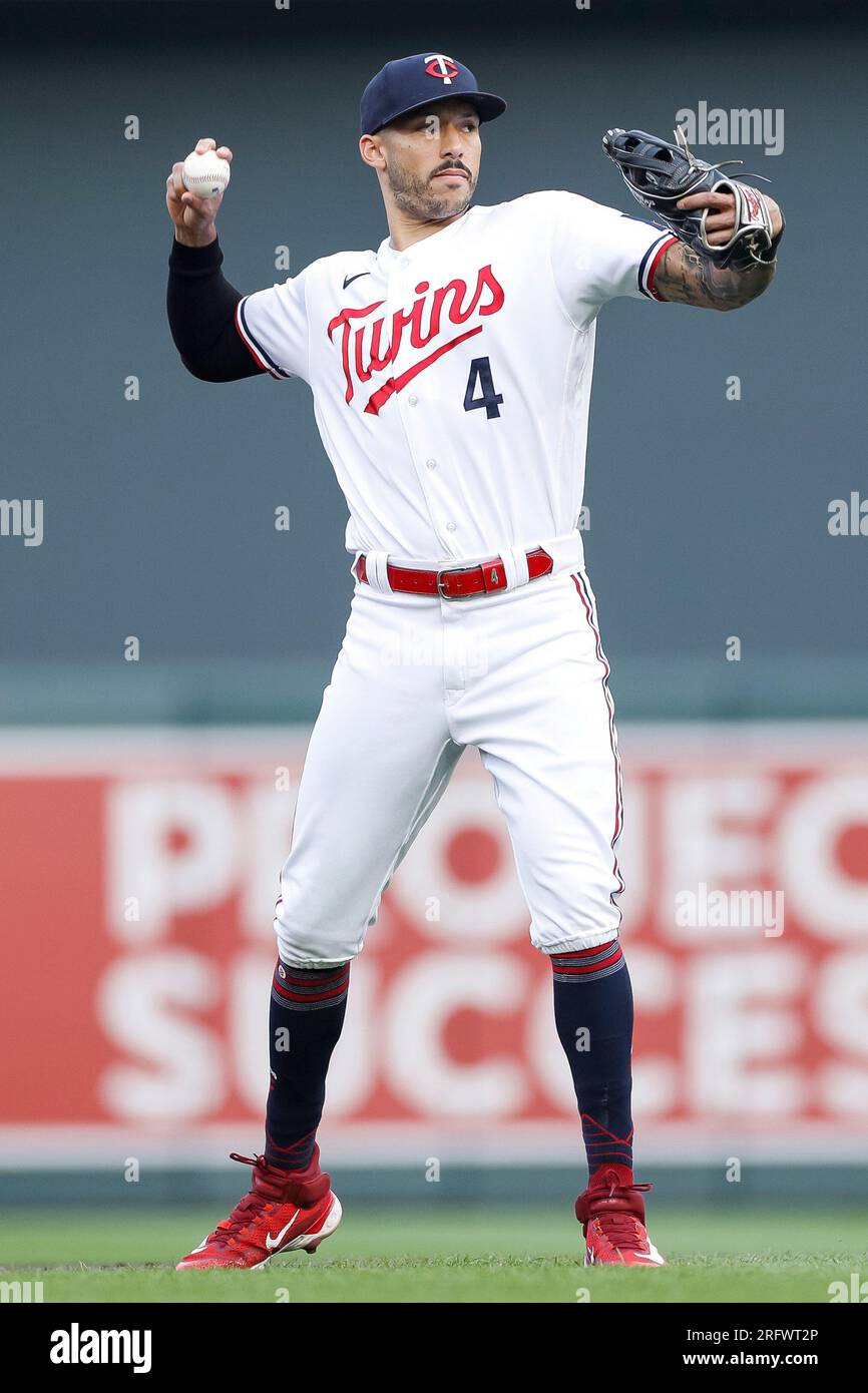 Minneapolis, USA. 05th Aug, 2023. Minnesota Twins catcher Ryan Jeffers (27)  hits a two run home run in the second inning during a MLB regular season  game between the Arizona Diamondbacks and