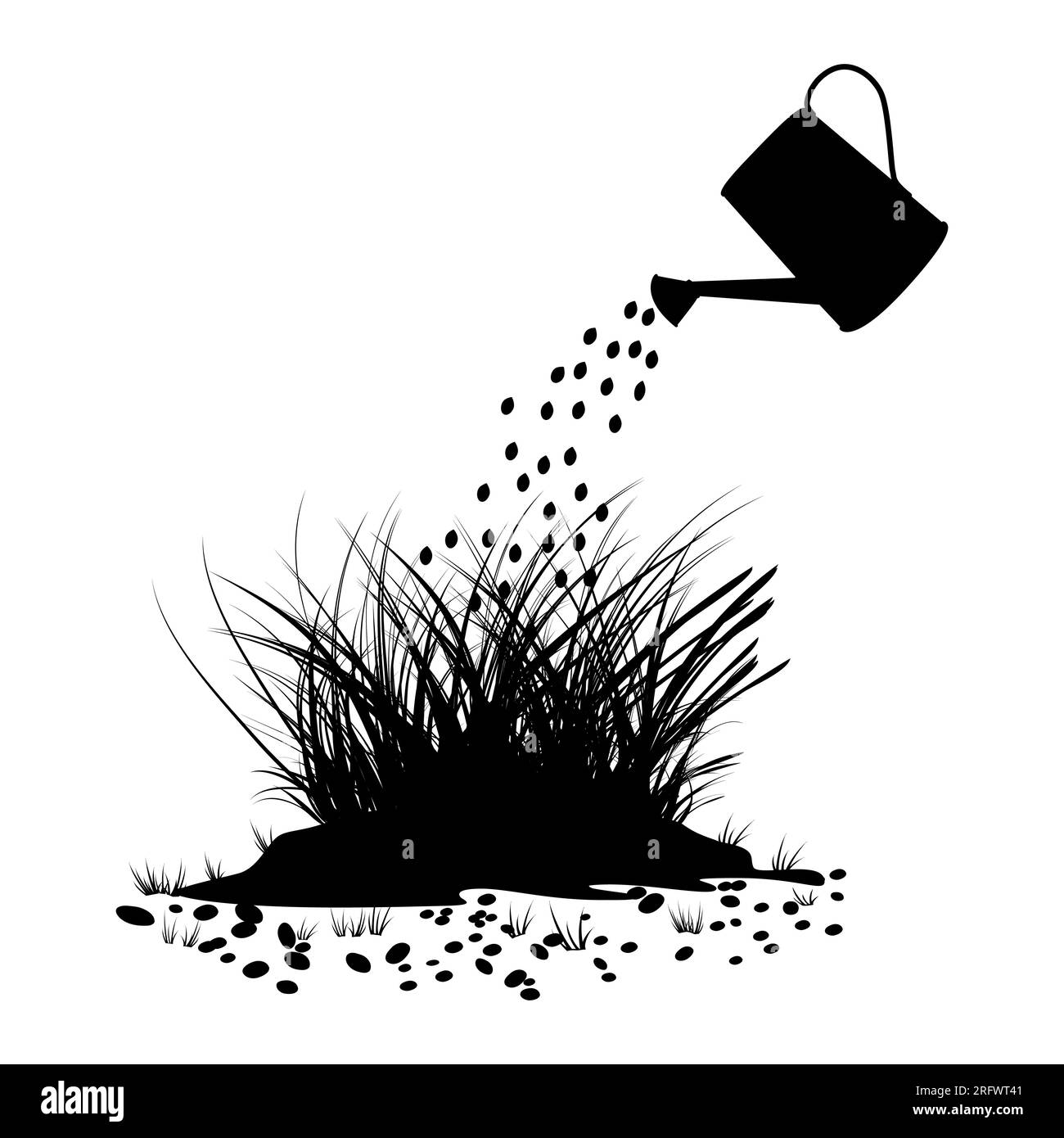 Watering can and grass black silhouette.Lawn care or garden tool concept.Watering can irrigation plant.Drops of water falling of watering pot on grass Stock Vector