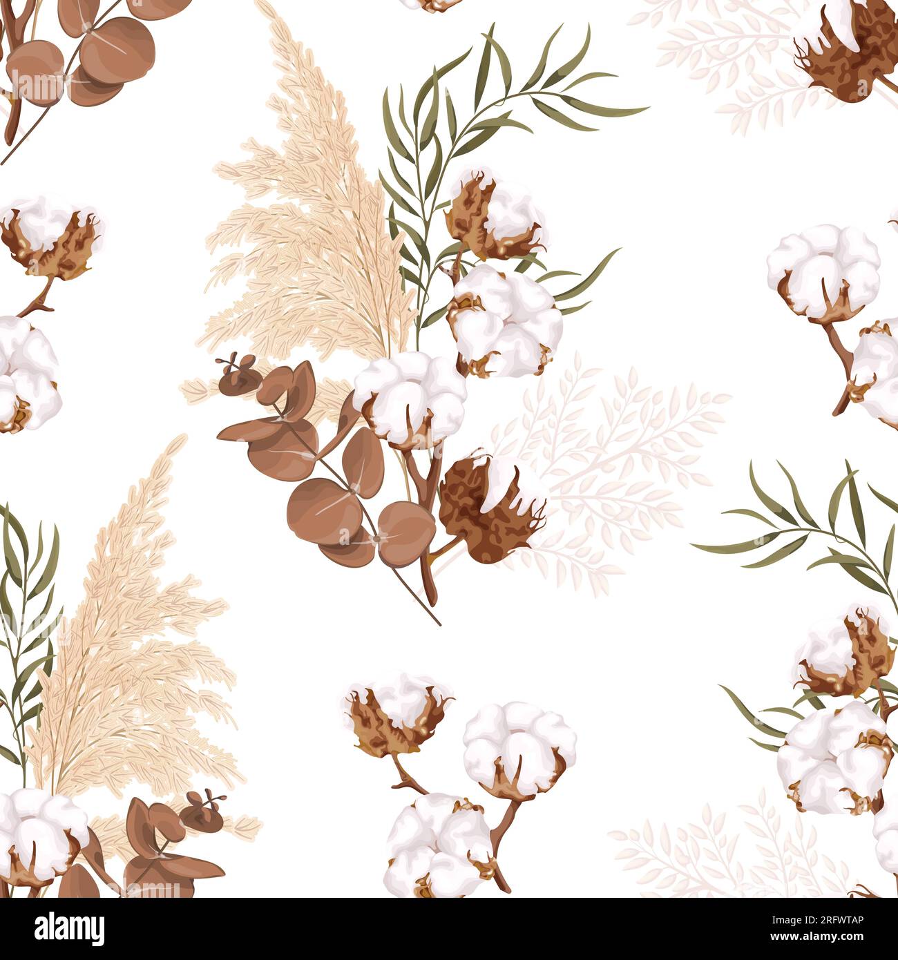 Boho, bohemian seamless floral pattern. Bouquet with cotton flowers, eucalyptus, reed and dry plants. Stock Vector