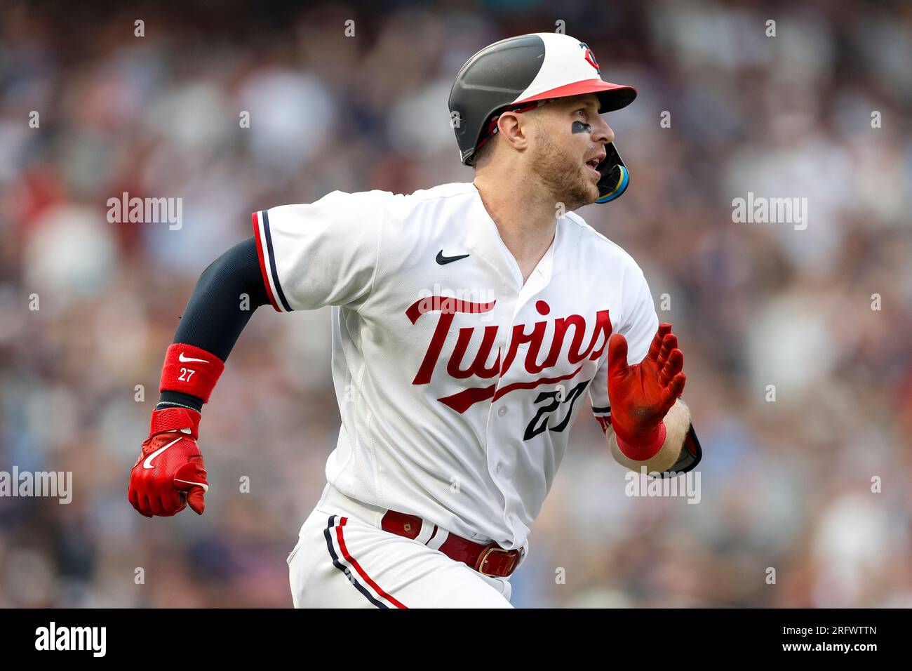 Minnesota Twins catcher Ryan Jeffers (27) hits a two run home run