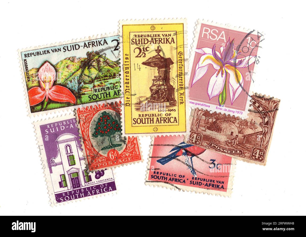 Vintage postage stamps from South Africa isolated on a white background
