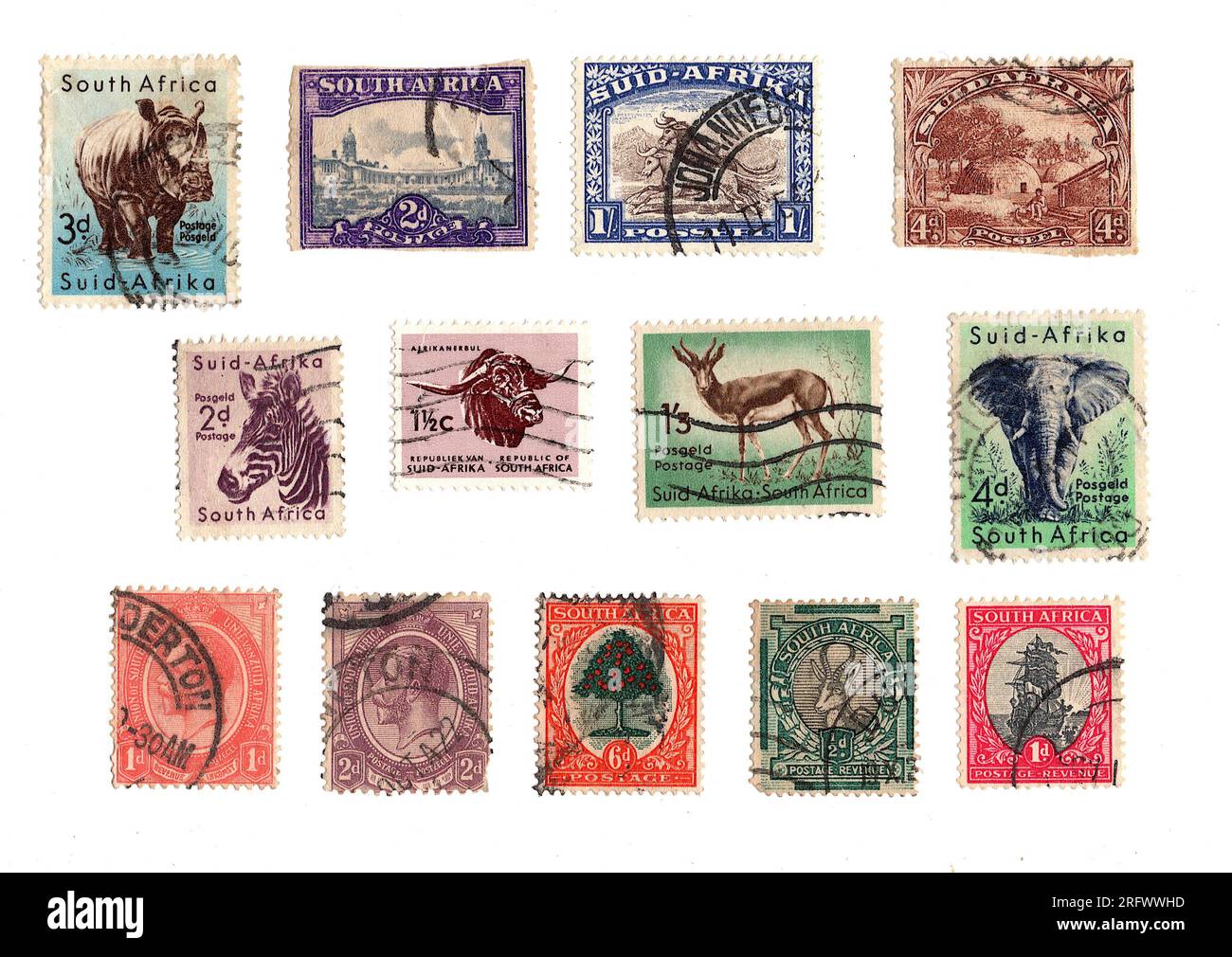 Vintage postage stamps from South Africa isolated on a white background