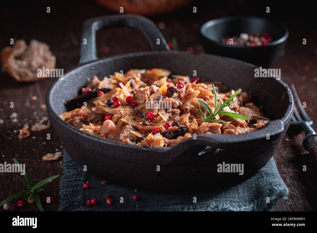 Spicy and homemade stew made of beef and sauerkraut. Bigos is traditional Polish food. Stock Photo