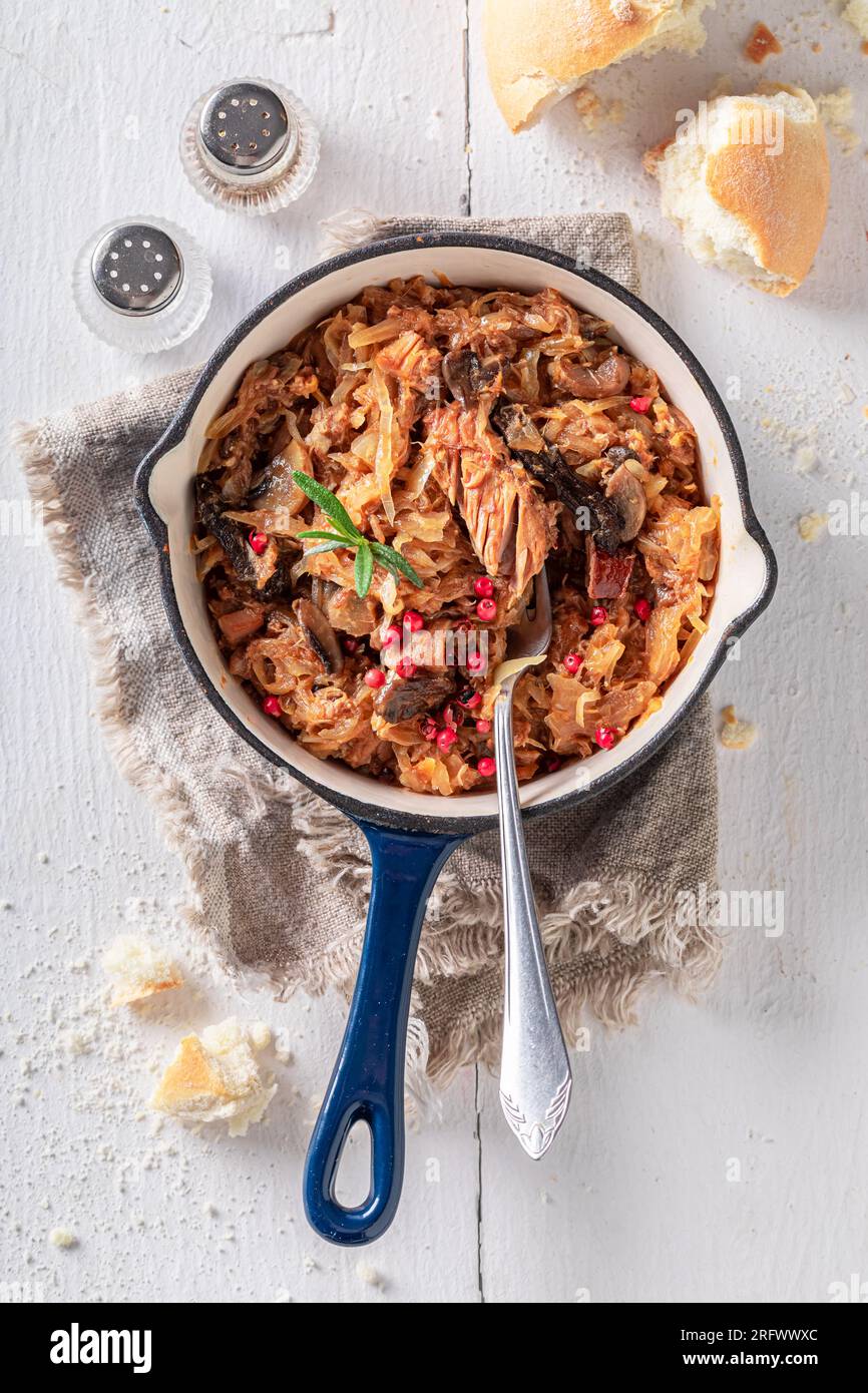 Homemade and tasty stew made of cabbage and beef. Bigos is traditional Polish food. Stock Photo