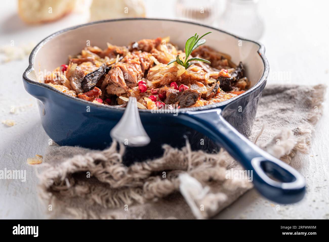 Spicy and homemade stew with sauerkraut, cabbage and spices. Bigos is traditional Polish food. Stock Photo