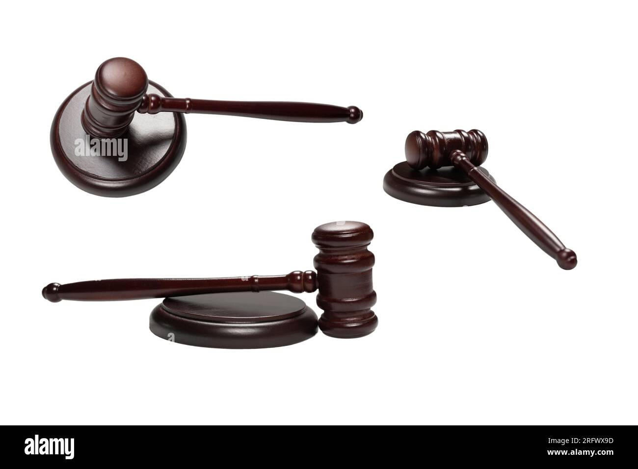 Wooden judge gavel and soundboard isolated on a white background. Justice of law system conceptual. Stock Photo