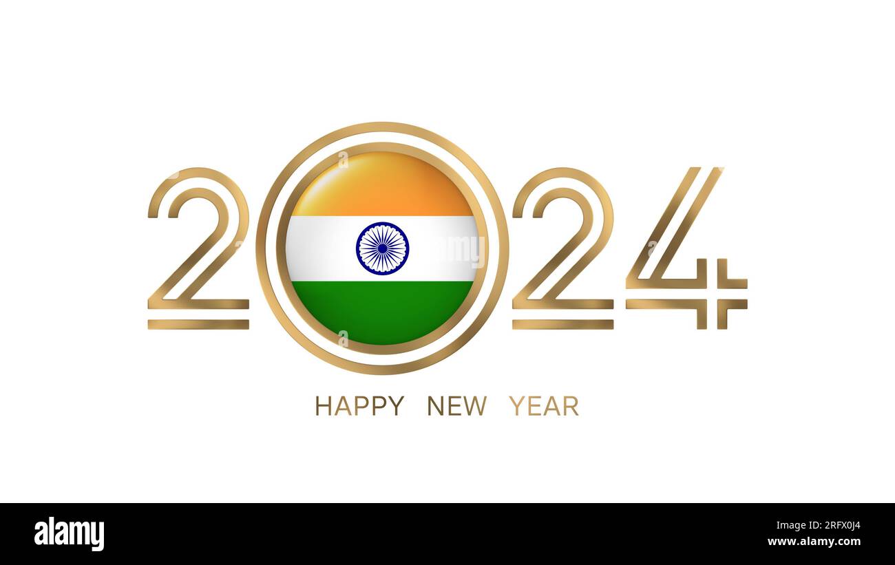 Happy New Year 2024 India with Indian Flag Stock Photo