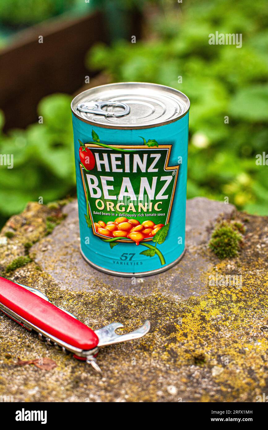Can of beans with swiss style army multi tool knife outdoor Stock Photo