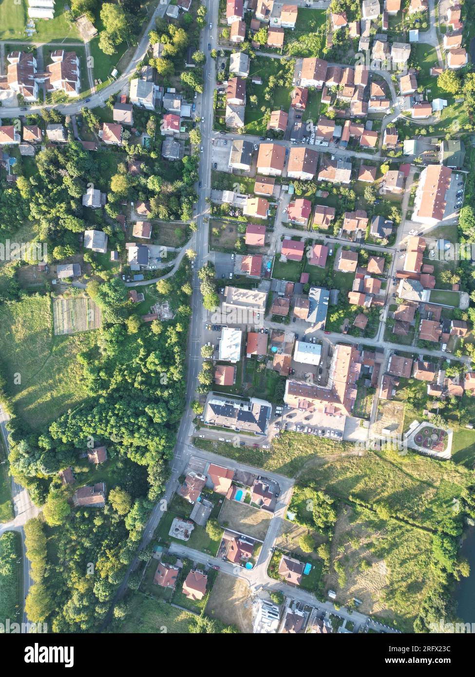 Drone shot of  ''Kočićev Vijenac'' - Hiseta. suburban place near downtown of Banja Luka Stock Photo