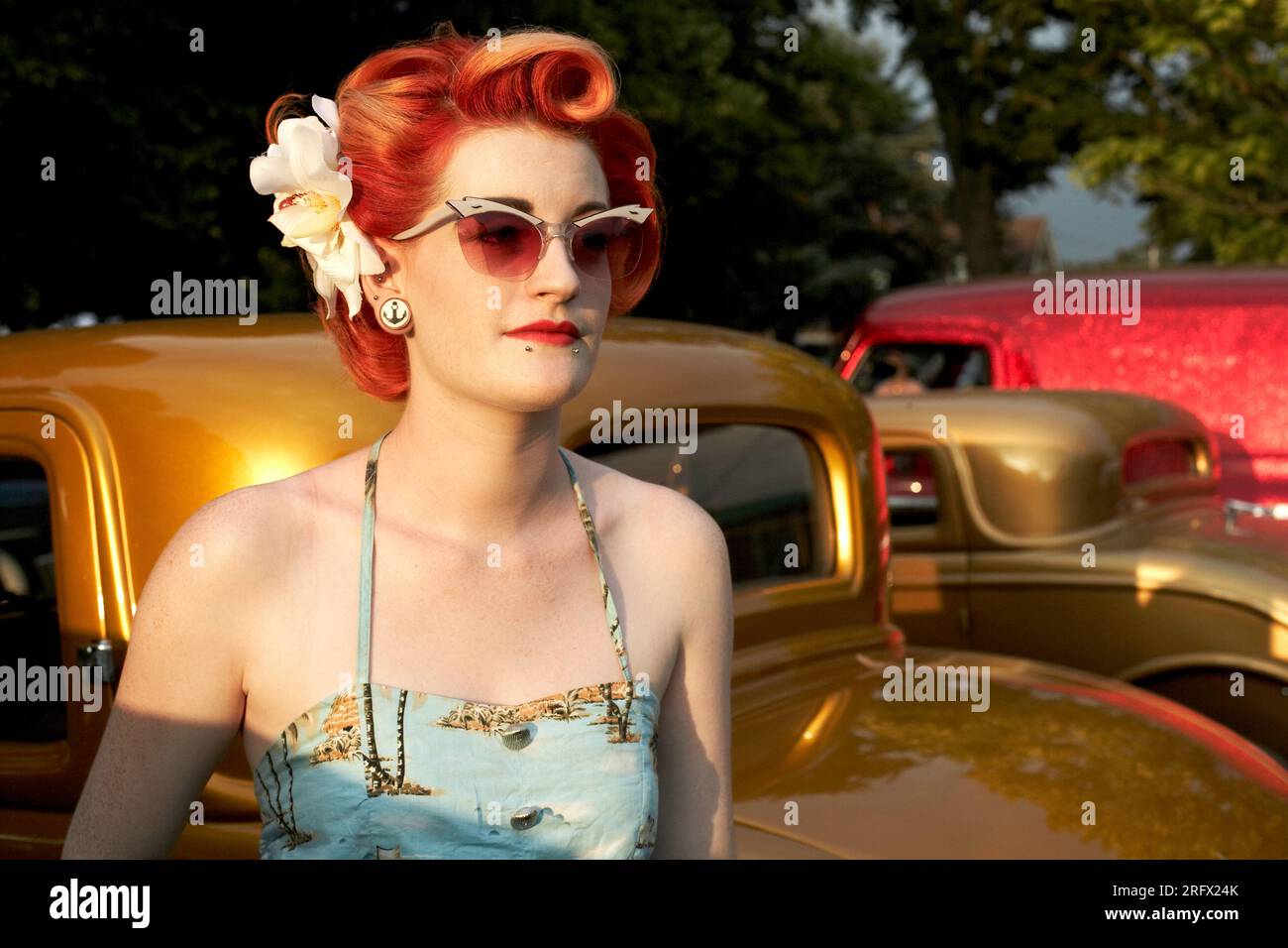 Portrait of a Rockabilly girl at Hayride hot rod car show in England. Stock Photo