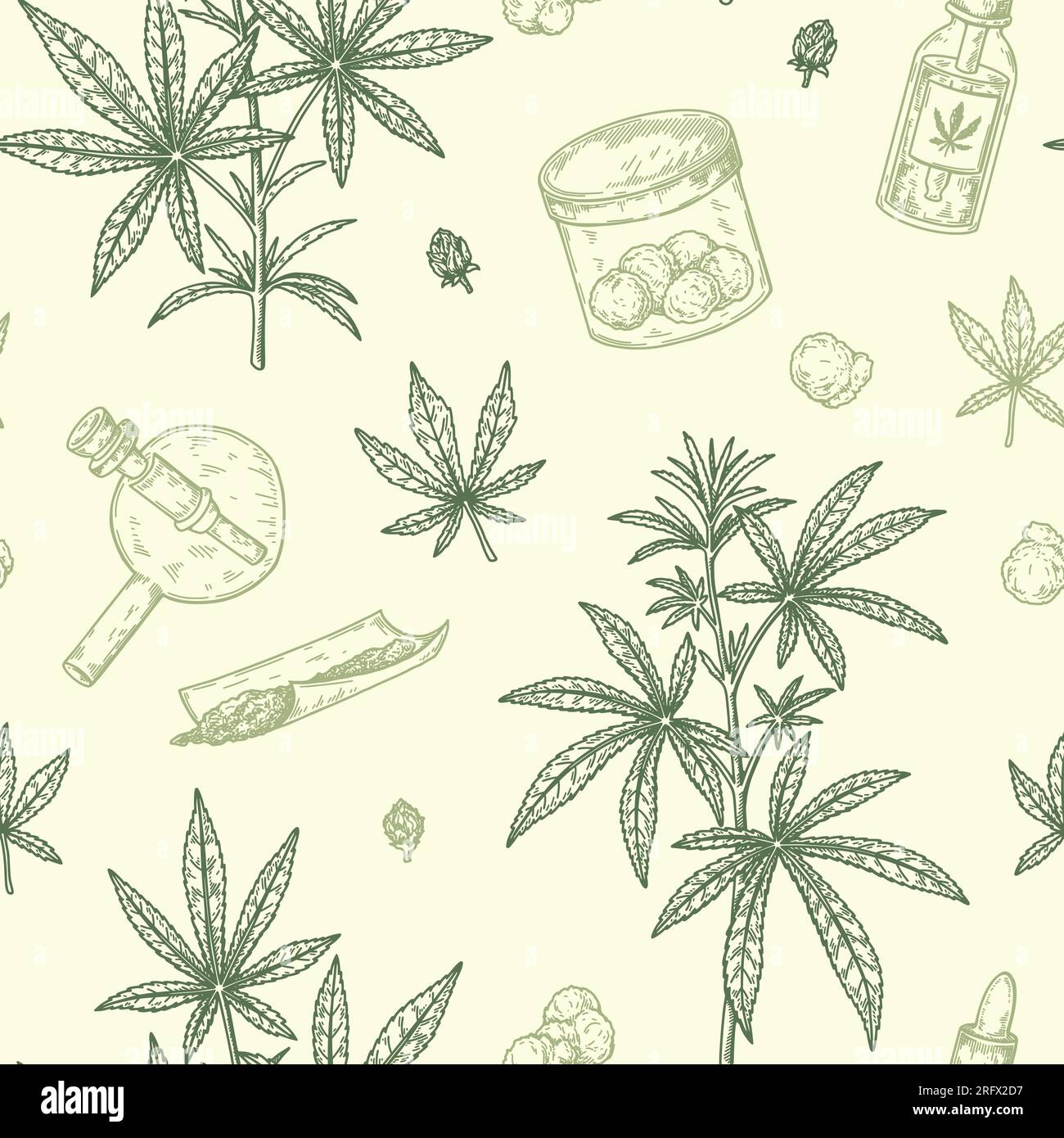 Cannabis leaves, bongs and joints seamless pattern. Marijuana hand