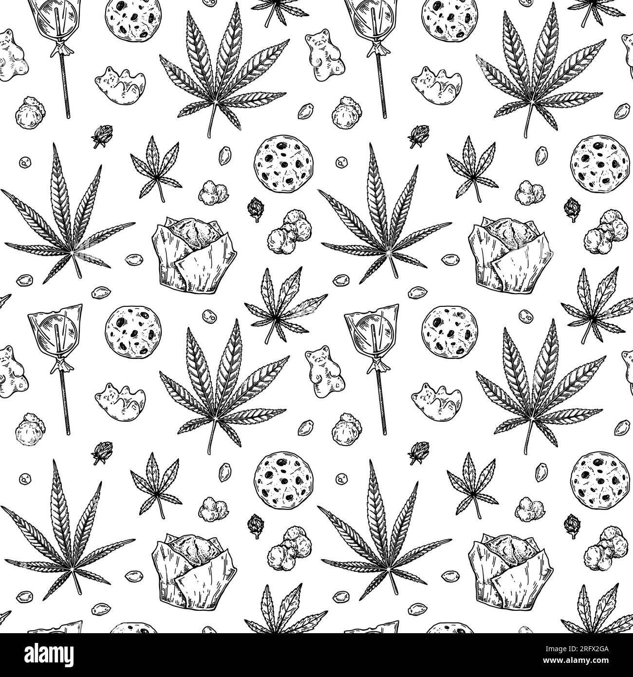 Cannabis products seamless pattern. Marijuana hand drawn vintage background. Vector illustration in sketch style. Weed engraving design Stock Vector