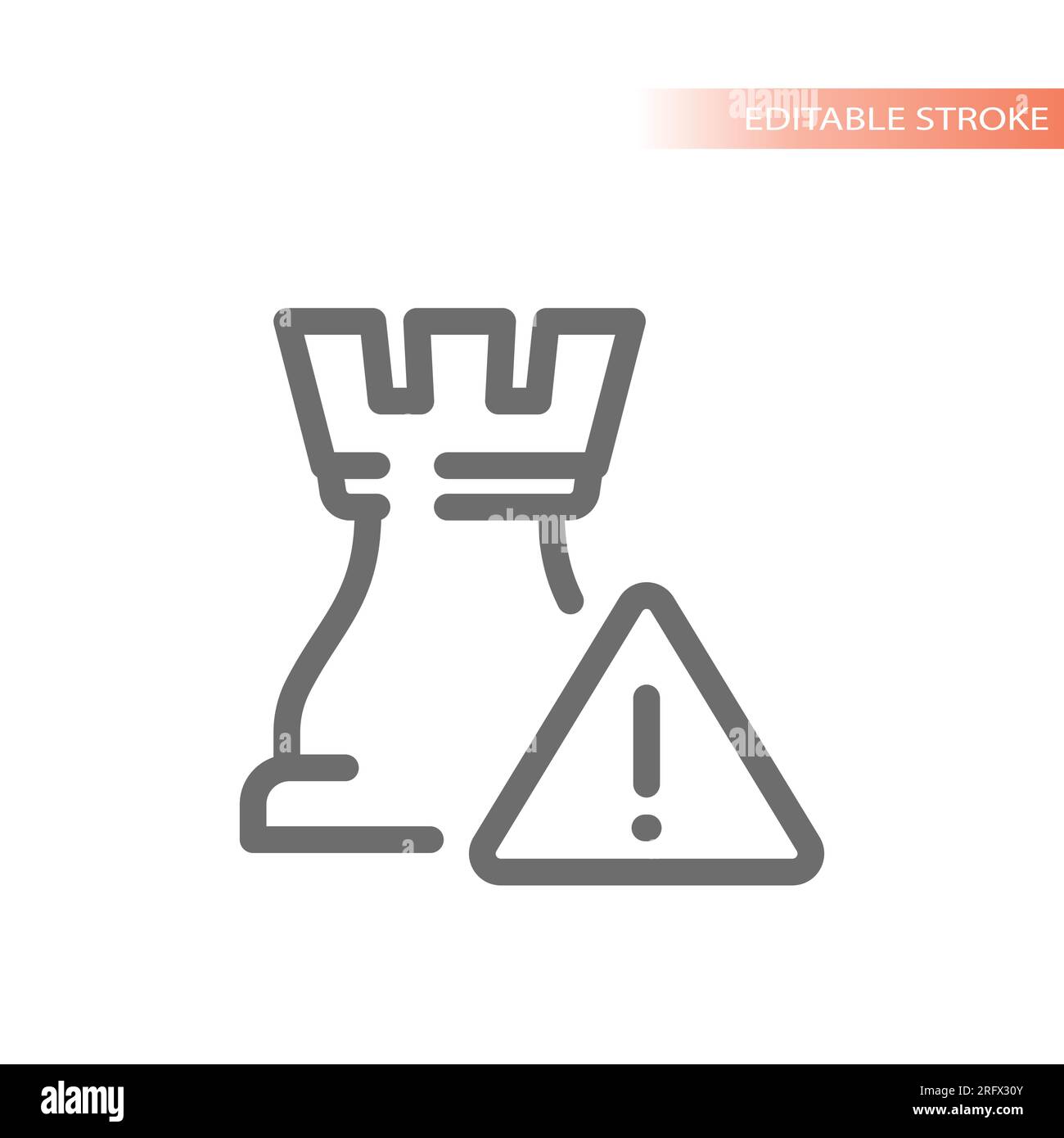 King chess piece and warning exclamation mark or point sing. System breach, danger or attention line vector icon. Stock Vector