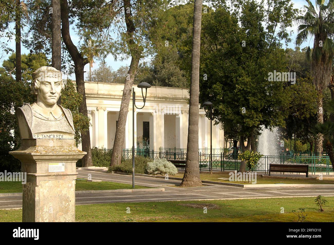 Lecce, Italy. Bust of King Tancredi of Sicilia in Giuseppe Garibaldi Park/ Villa Comunale. Stock Photo
