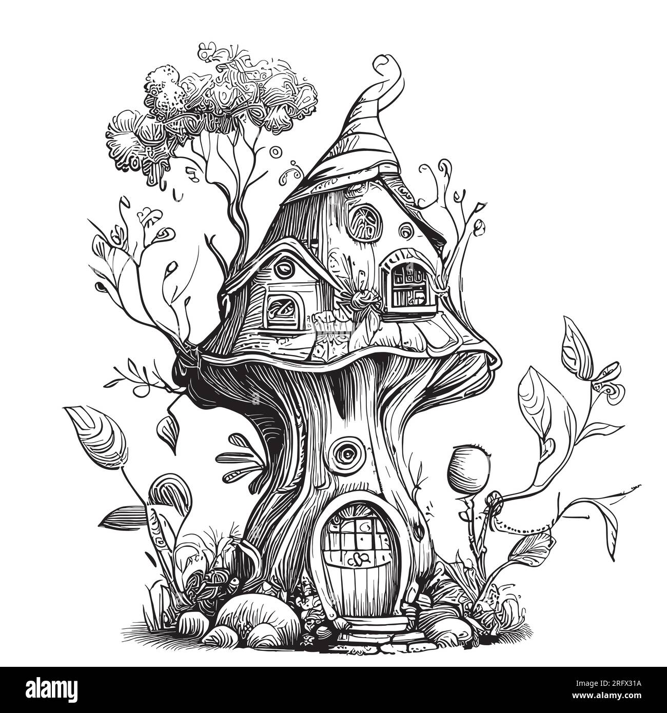 Mythical fairy tale house in the forest hand drawn sketch illustration Stock Vector