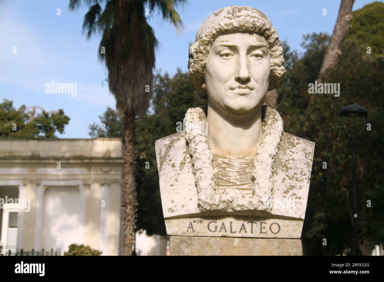 Lecce, Italy. Bust of academic and doctor Antonio De Ferrariis/ Galateo (1444- 1517) in Giuseppe Garibaldi Park/ Villa Comunale. Stock Photo