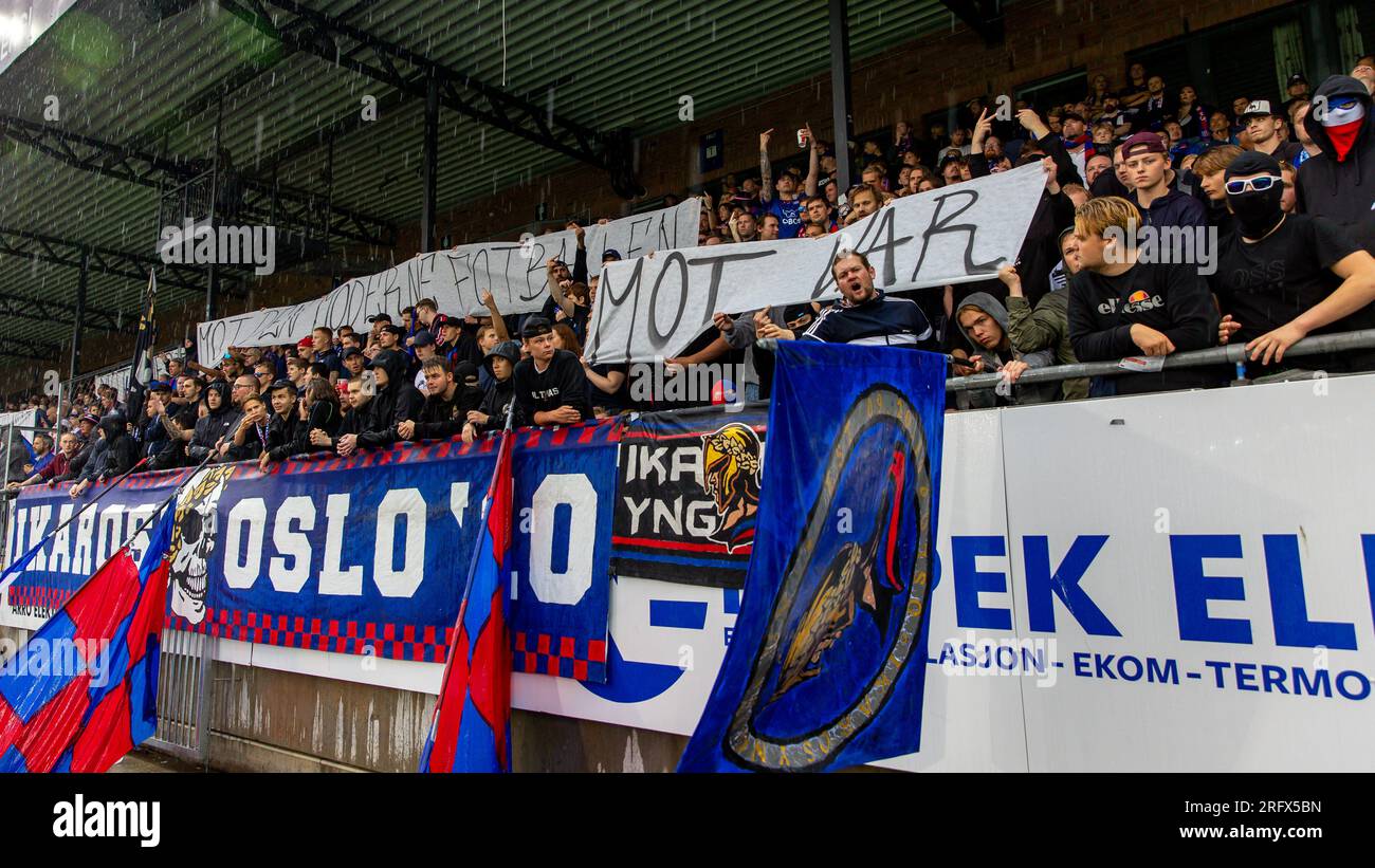 Drammen, Norway, 05 th August 2023. The supporters of Vålerenga protest against VAR in the match between Strømsgodset and Vålerenga at Marienlyst Stadion in Drammen.   Credit: Frode Arnesen/Alamy Live News Stock Photo