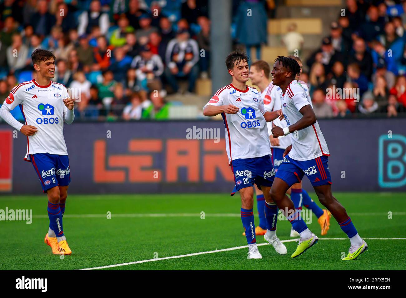 Drammen, Norway, 05 th August 2023. Vålerenga's Seedy Jatta is joined in the celebration bye Magnus Riisnæs (no.20) and Aleksander Hammer Kjelsen (no.3) in the match between Strømsgodset and Vålerenga at Marienlyst Stadion in Drammen.  Credit: Frode Arnesen/Alamy Live News Stock Photo