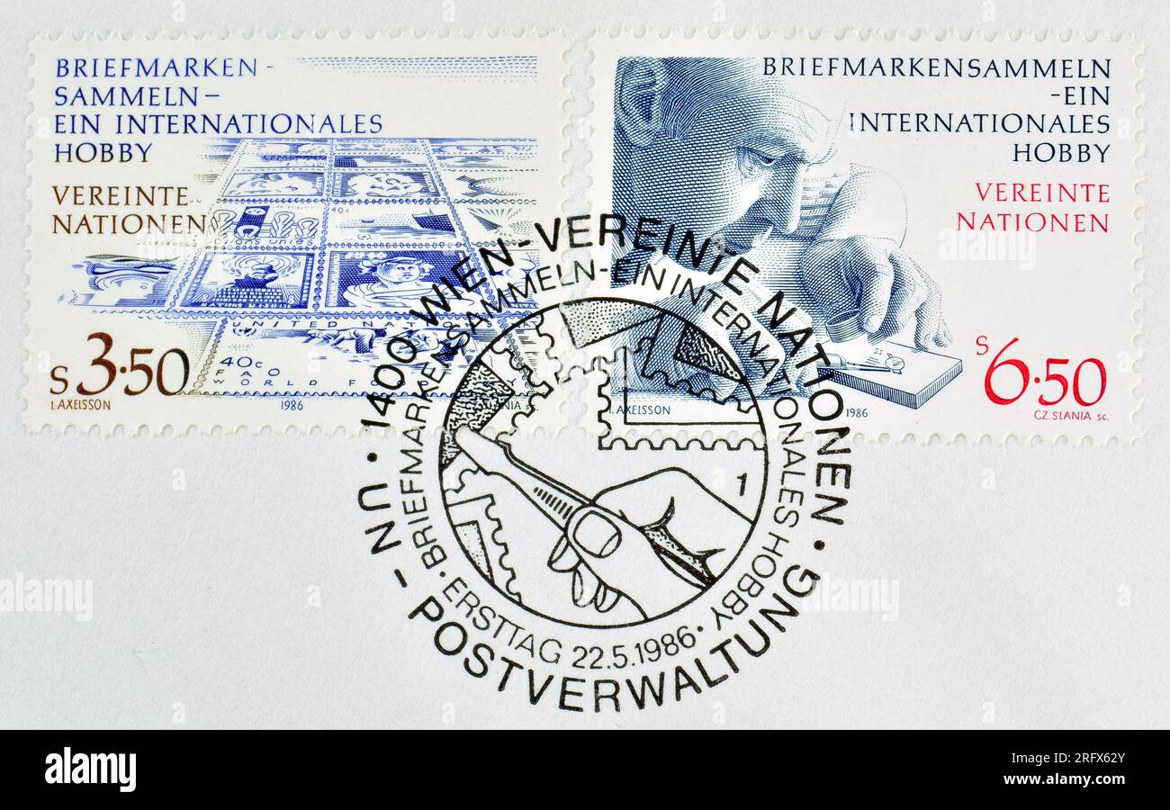 Cancelled postage stamps printed by United Nations, that promote Stamp