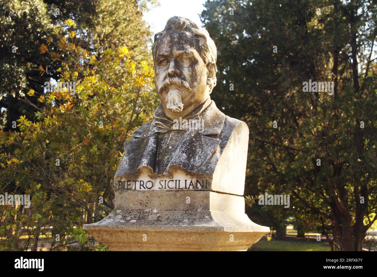 Lecce, Italy. Bust of the 19th century educator, philosopher and physician Pietro Siciliani in Giuseppe Garibaldi Park/ Villa Comunale. Stock Photo