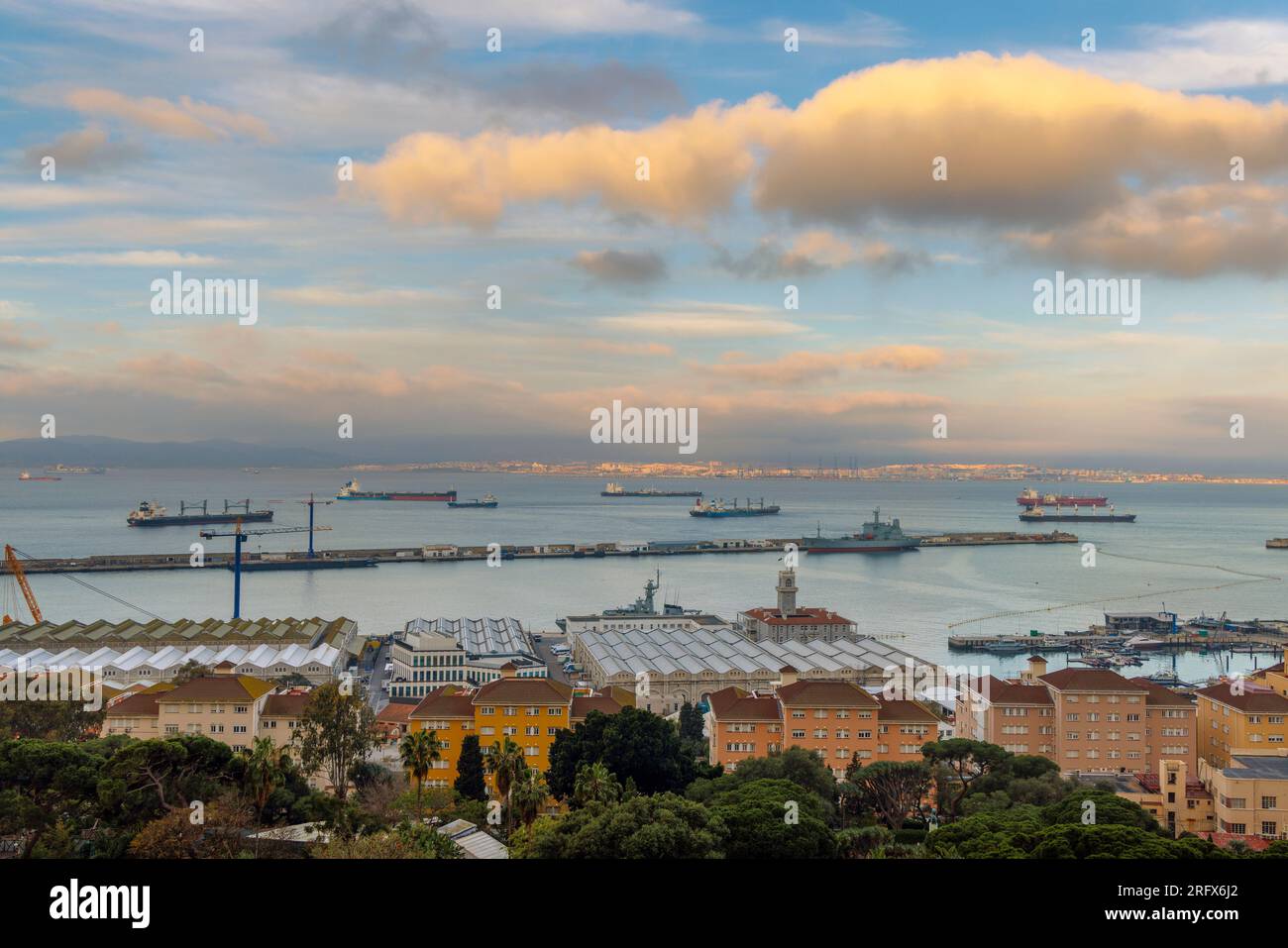 Gibraltar.  Gibdock, previously the Royal Navy Dockyard known as HM Dockyard, Gibraltar.  Algeciras in Spain in background. Stock Photo