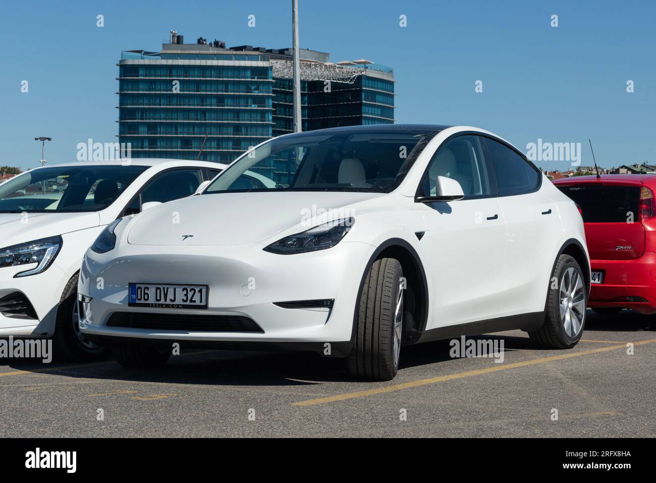 ISTANBUL, TURKEY - JULY 29, 2023: A white Tesla Model Y is seen parked ...