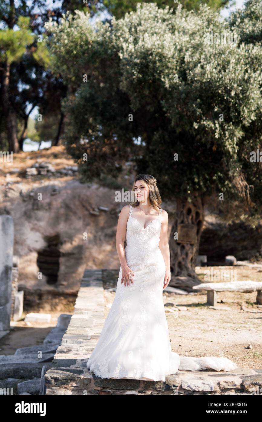 Eine wunderschöne Braut mit einem weißen Hochzeitskleid vor einem Olivenbaum in Griechenland Stock Photo