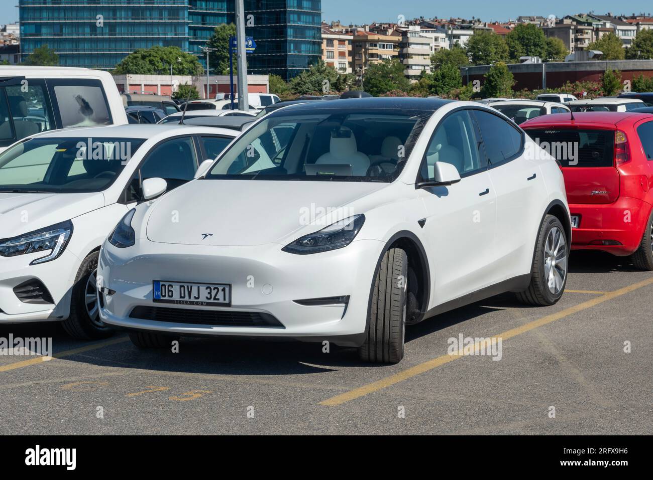 ISTANBUL, TURKEY - JULY 29, 2023: A white Tesla Model Y is seen parked ...