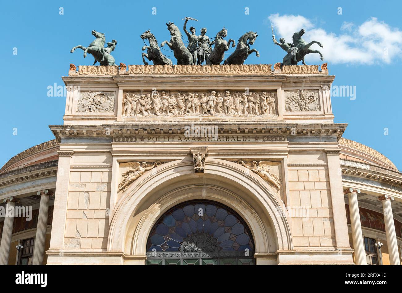 Bronze statues above the entrance of the Politeama Garibaldi theater in Palermo, Sicily, Italy Stock Photo
