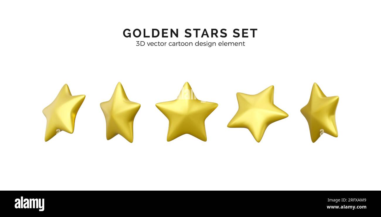 Golden stars collection. 3d stars render set for rang, rating, achievement. Realistic design element, confetti. Vector illustration isolated on white Stock Vector