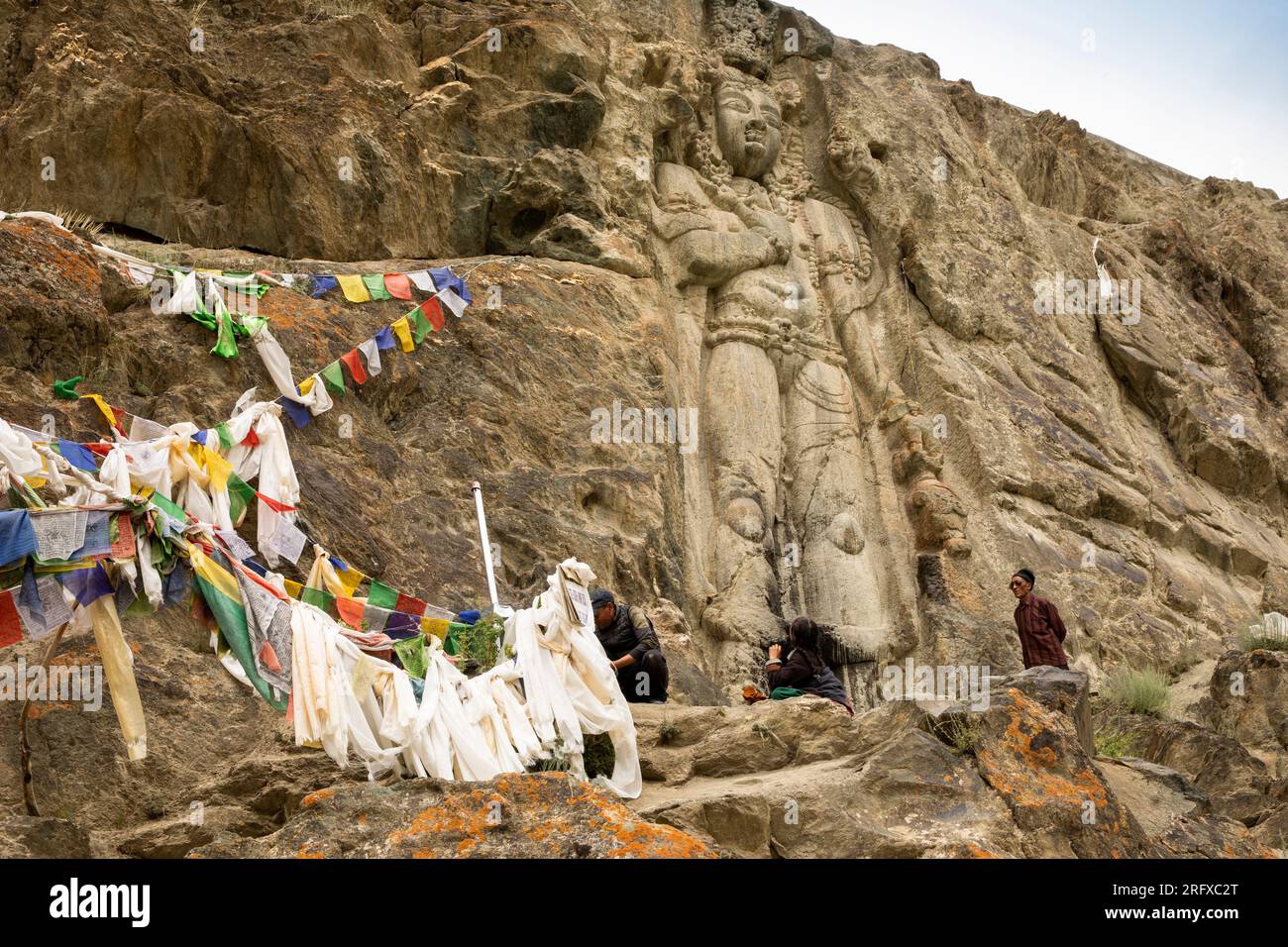 India, Ladakh, Suru Valley, Sankoo, Kartse Khar, Chamba Buddha carved in rock face (C7th-8th) Stock Photo