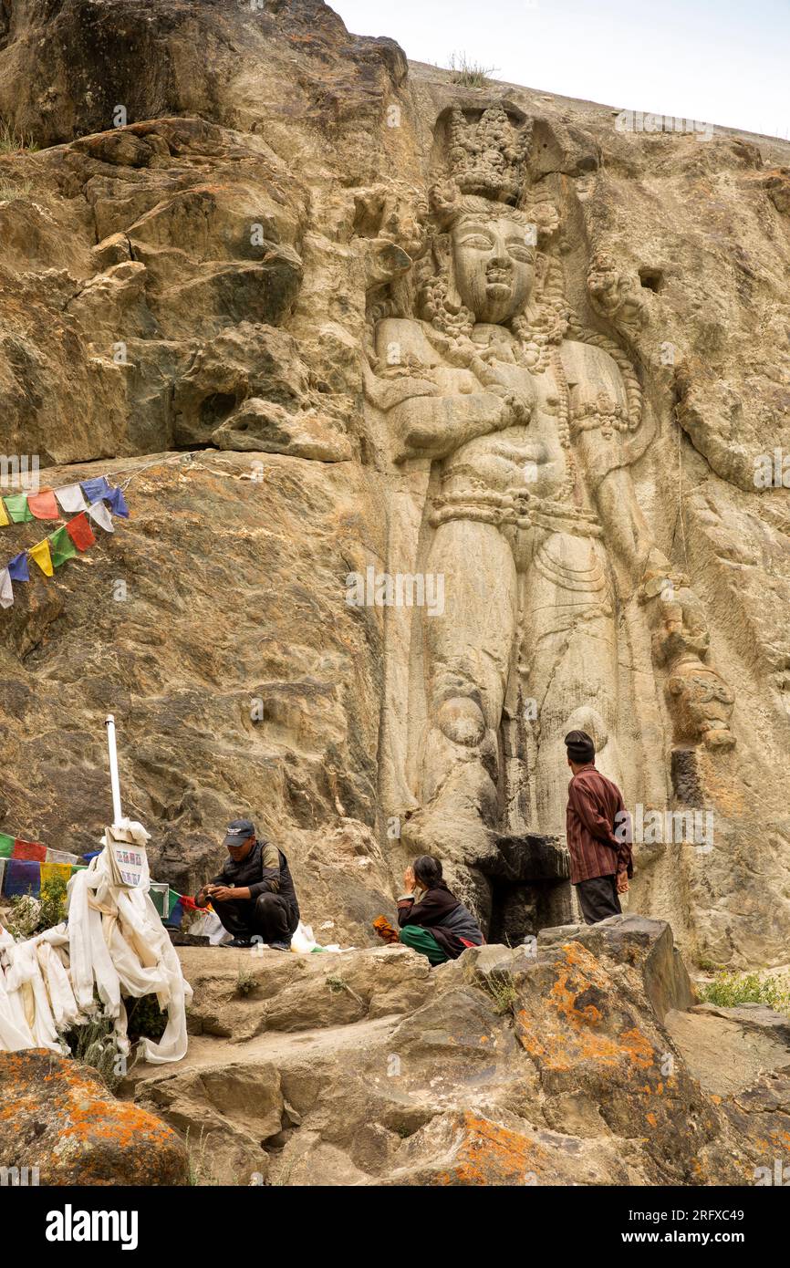 India, Ladakh, Suru Valley, Sankoo, Kartse Khar, Chamba Buddha carved in rock face (C7th-8th) Stock Photo