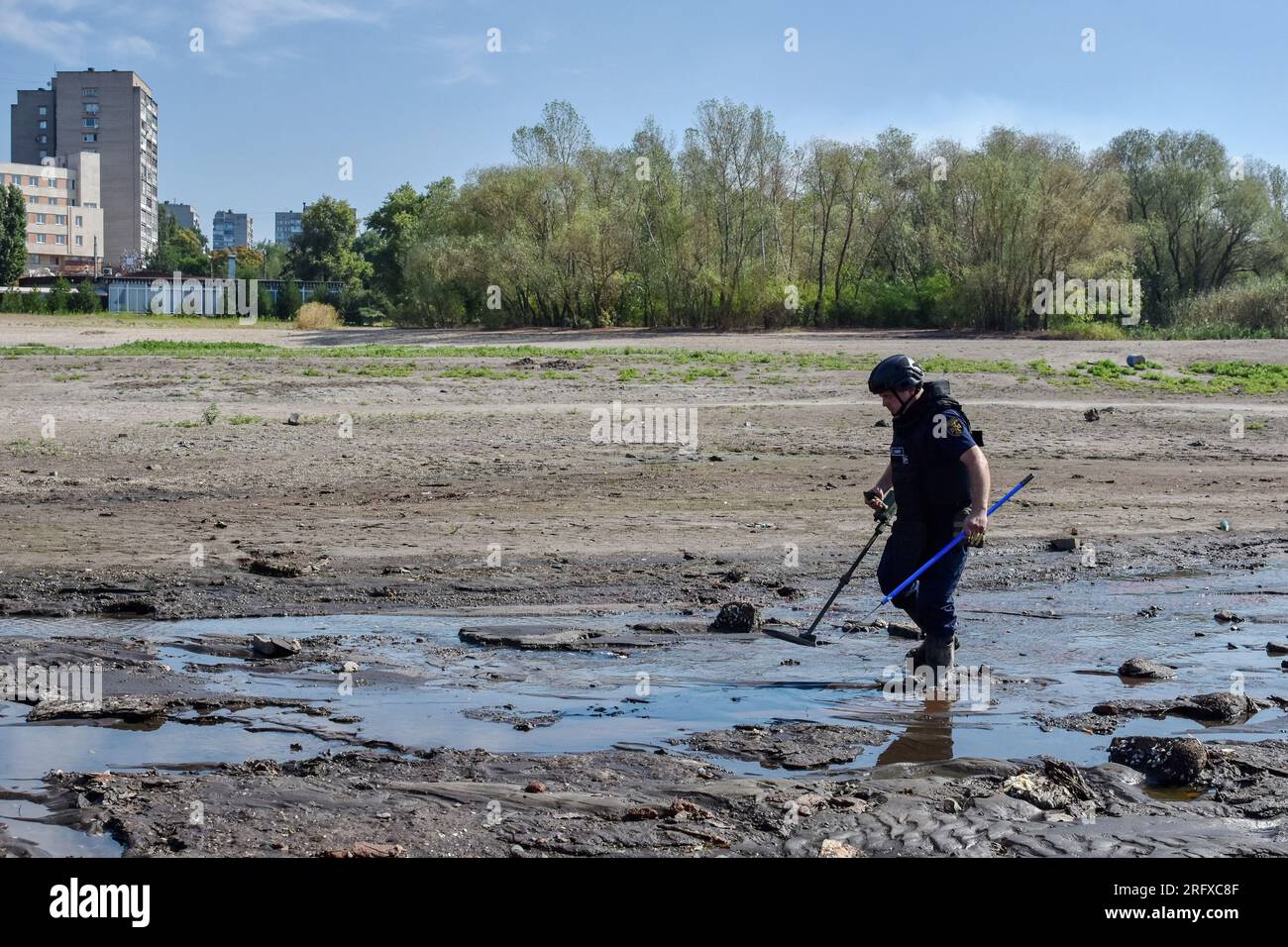 A Ukrainian sapper inspects the shoreline during the demining of a Dnipro river in Zaporizhzhia. Ukraine’s international partners will give it over US$244 million for humanitarian mine clearance. Source: Yuliia Svyrydenko, First Deputy Prime Minister and Minister of Economic Development and Trade of Ukraine. Ukraine will also receive individual mine clearance kits, explosive protective suits, quadcopters, and robotic systems for the disposal of ammunition. Stock Photo