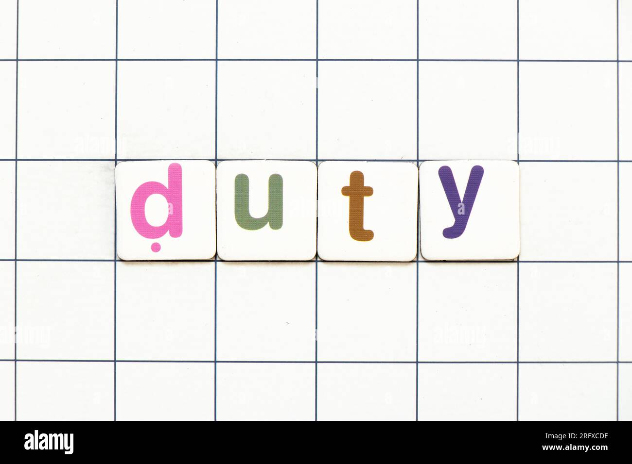 Colorful tile letter in word duty on white grid background Stock Photo ...