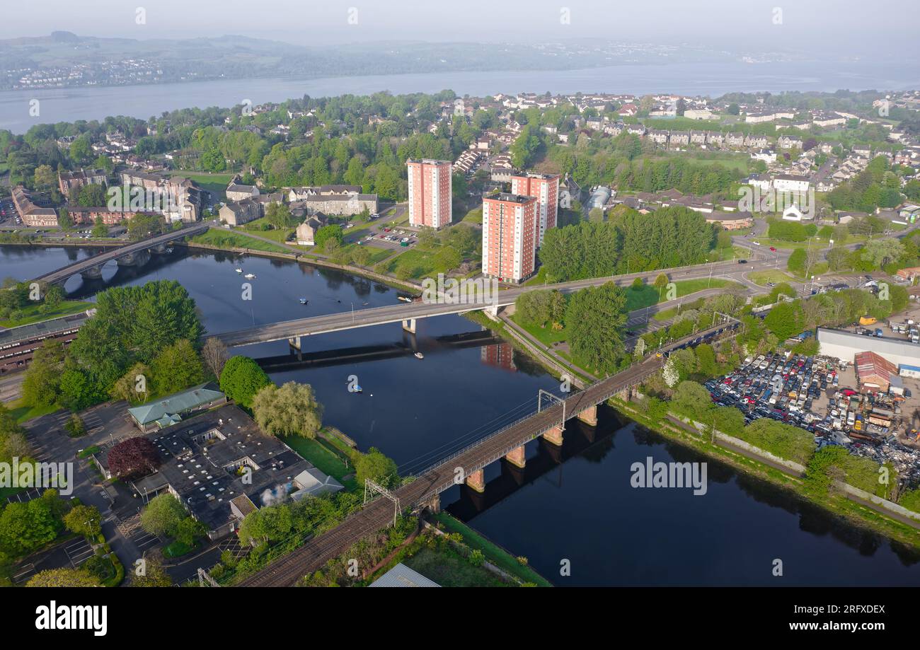 Dumbarton town aerial view with the River Leven and Firth of Clyde Stock Photo