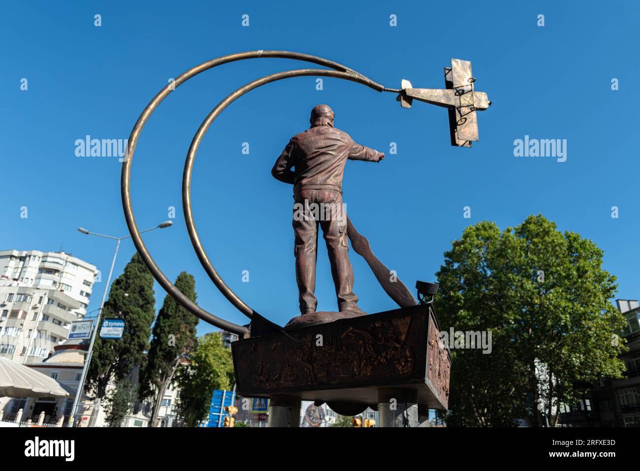 ISTANBUL, TURKEY - JULY 29, 2023: Vecihi Hurkus monument on Kadikoy Street. Vecihi Hurkus made her first flight with Turkey's first domestic aircraft, Stock Photo