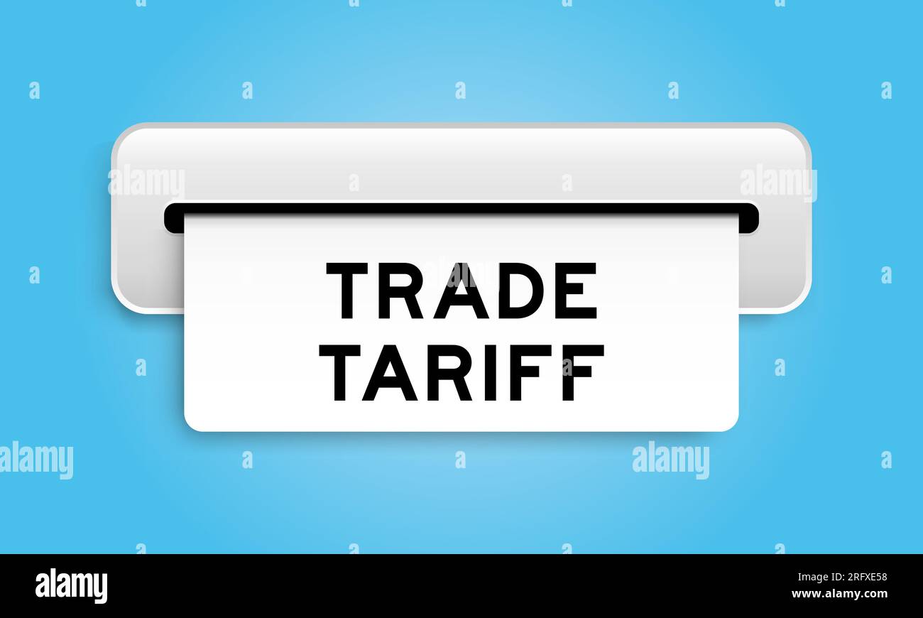 White coupon banner with word trade tariff from machine on blue color background Stock Vector