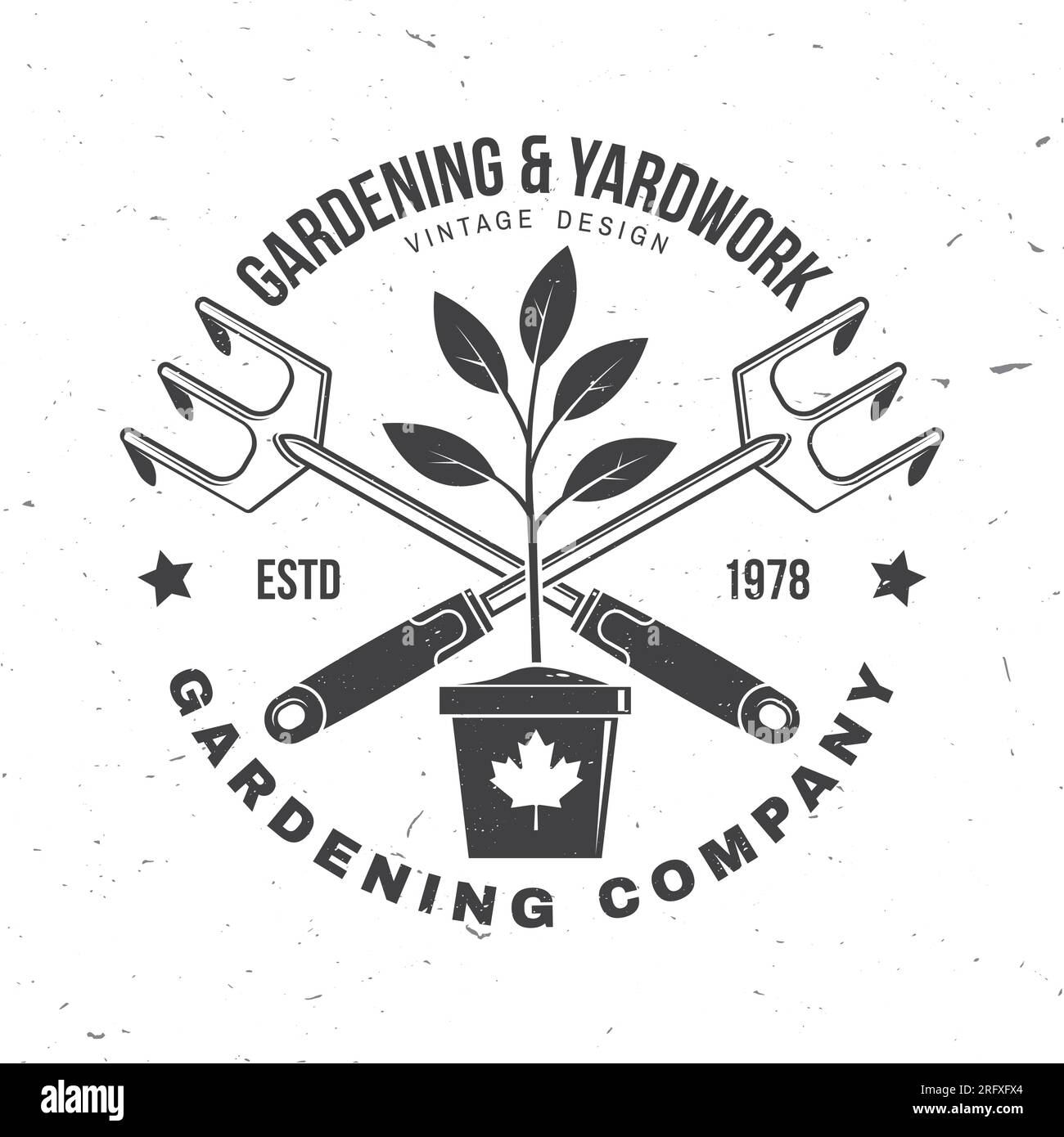 Gardening and yard work services emblem, label, badge, logo. Vector illustration. For sign, patch, shirt design with hand garden rake, gardening Stock Vector