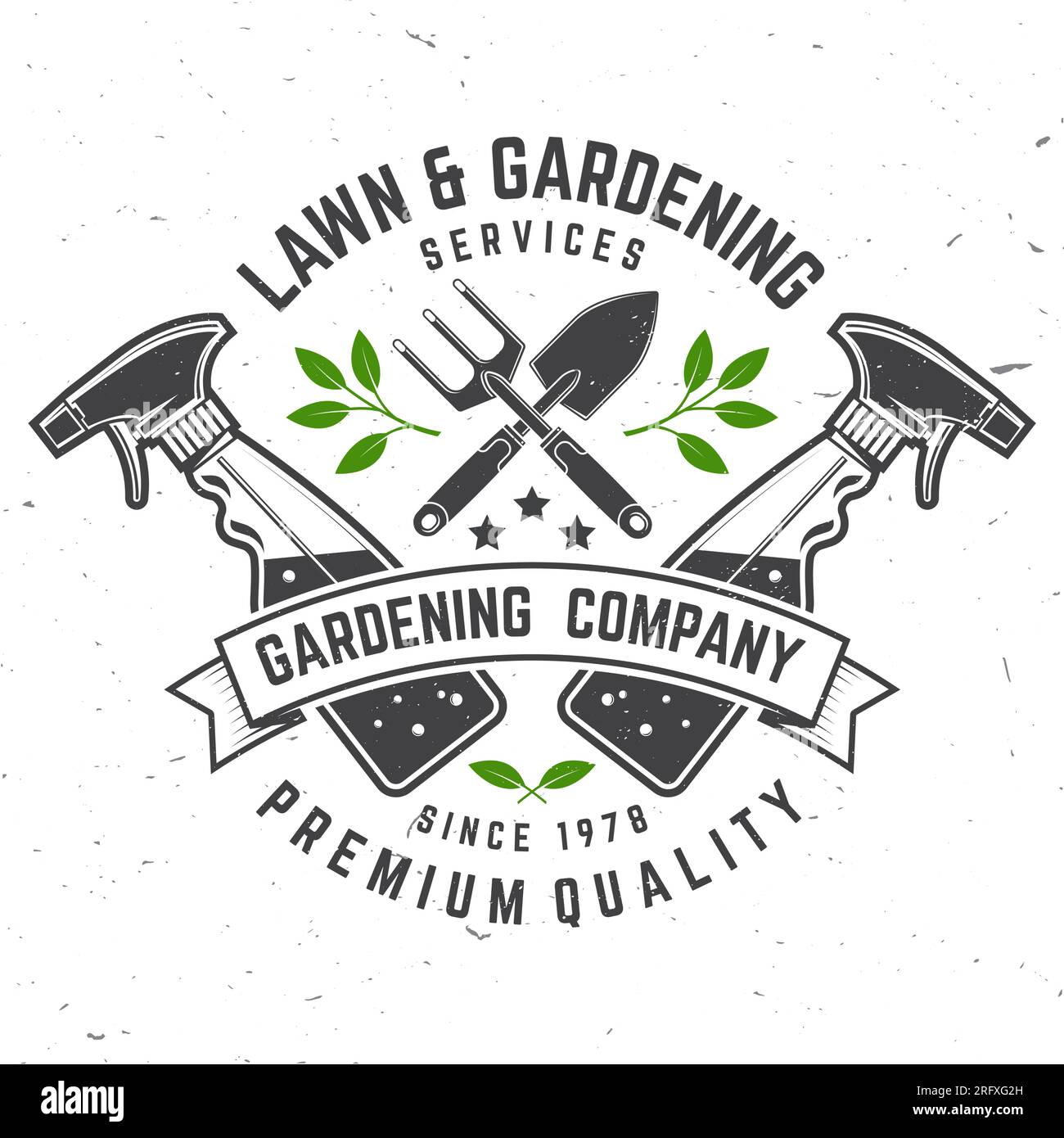 Lawn and Gardening services emblem, label, badge, logo. Vector illustration. For sign, patch, shirt design with hand garden trowel, farming fork Stock Vector