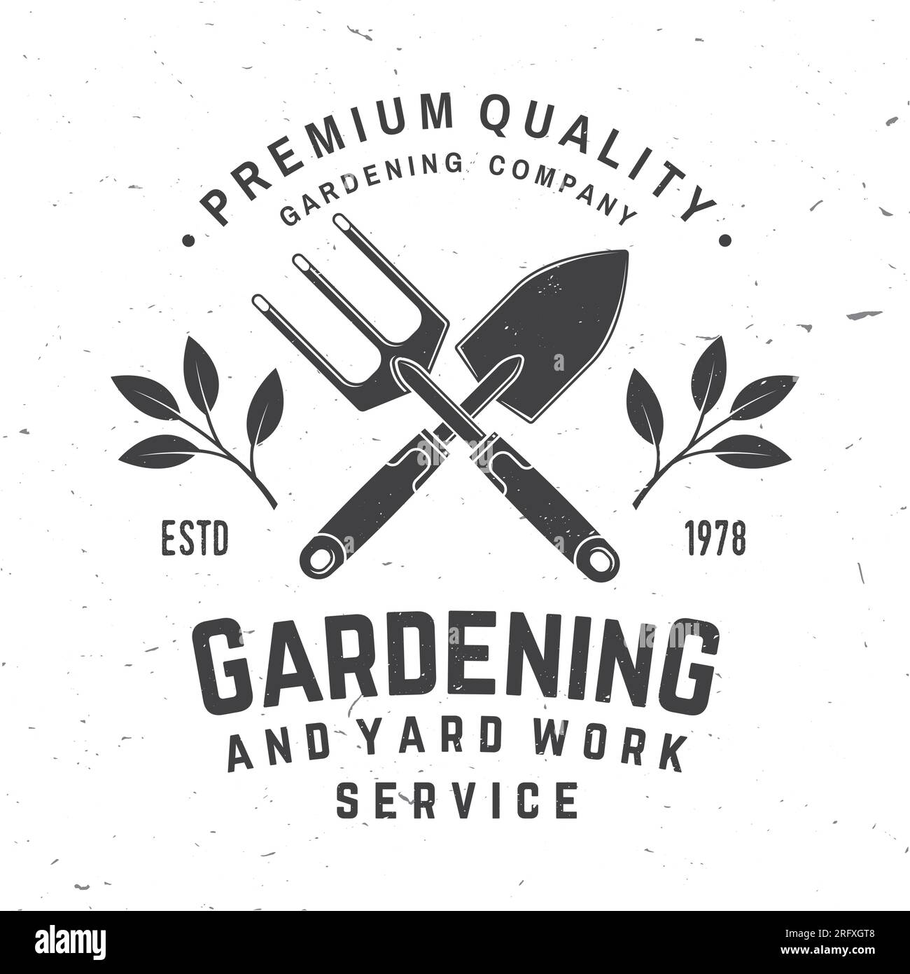 Gardening and yard work services emblem, label, badge, logo. Vector illustration. For sign, patch, shirt design with hand garden trowel, farming fork Stock Vector