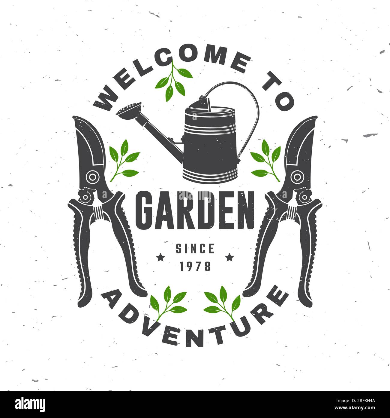 Welcome to garden adventure emblem, label, badge, logo. Vector illustration. For sign, patch, shirt design with hand secateurs, garden pruner Stock Vector
