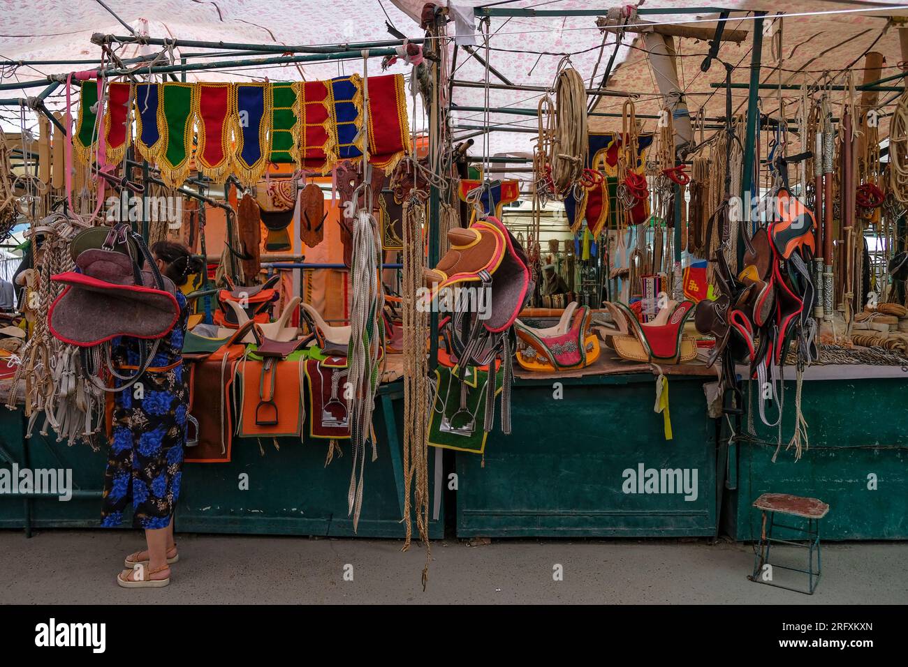 Ulaanbaatar, Mongolia - August 2, 2023: Saddles in the Narantuul Market